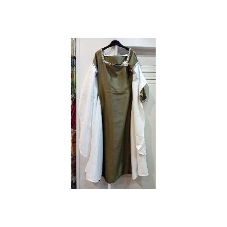 -VESTIDO MEDIEVAL VERDE OLIVA Y BLANCO L