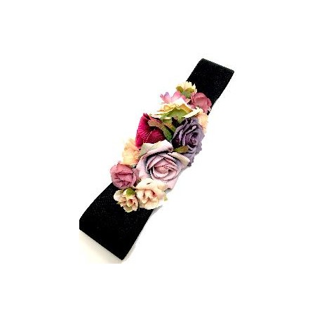 CINTURON ELASTICO NEGRO FLORES TONOS PASTEL