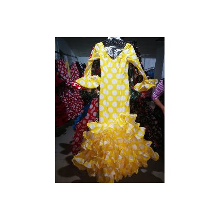 VESTIDO PATIOS AMARILLO CON LUNAR GALLETA BLANCO T-38