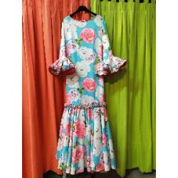 -VESTIDO PASION AZUL TURQUESA FLORES CARMESI 46