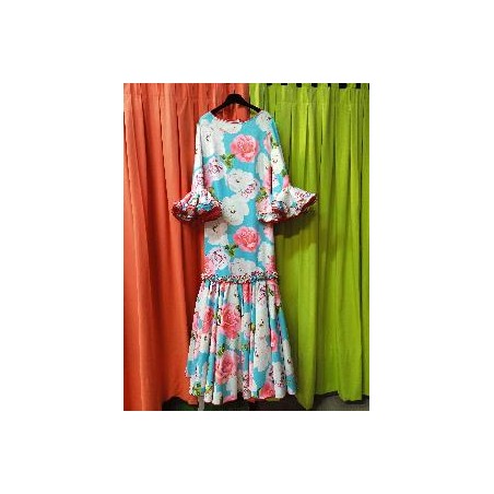 -VESTIDO PASION AZUL TURQUESA FLORES CARMESI 46