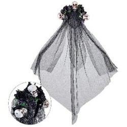 -DIADEMA VELO NUPCIAL CRANEOS Y ROSAS NEGRAS