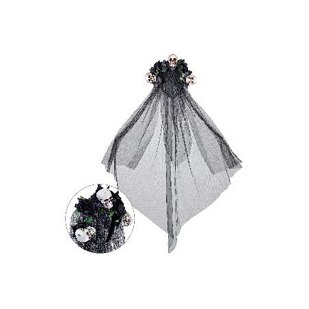 -DIADEMA VELO NUPCIAL CRANEOS Y ROSAS NEGRAS