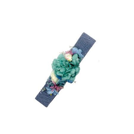 CINTURON ELASTICO AZUL PETROLEO FLORES TONOS VERDE PASTEL