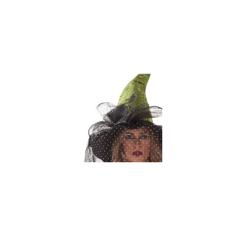 -SOMBRERO BRUJA VERDE Y NEGRO CON VELO DE PERLAS