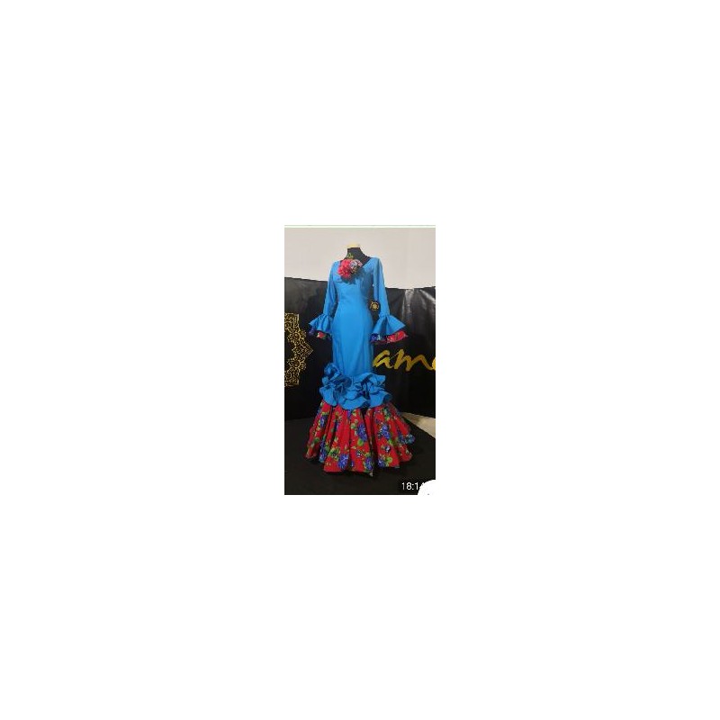 -VESTIDO SEVILLA AZUL TURQUESA ESTAMPADO ROJO 42