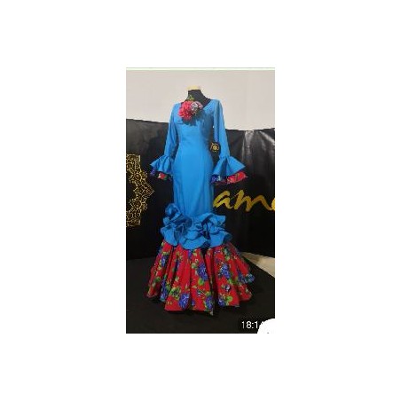 -VESTIDO SEVILLA AZUL TURQUESA ESTAMPADO ROJO 42