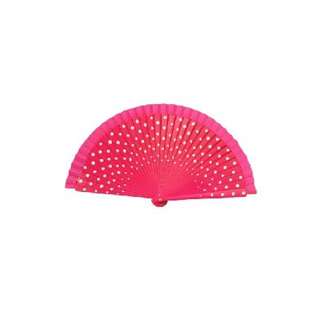 ABANICO DE MADERA FUCSIA CON LUNARES BLANCOS