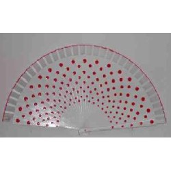ABANICO DE MADERA BLANCO CON LUNARES ROJOS