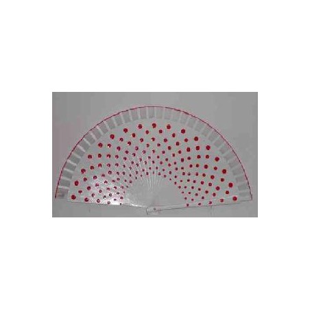 ABANICO DE MADERA BLANCO CON LUNARES ROJOS