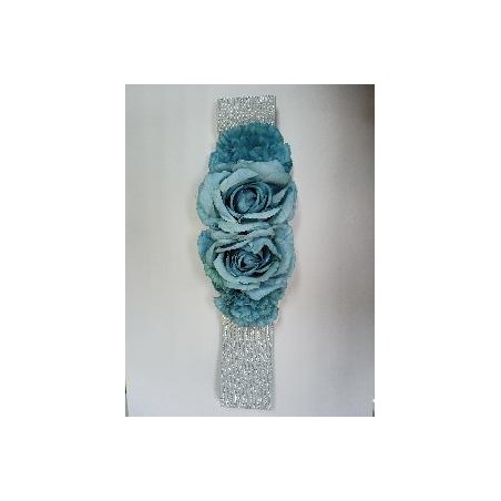 CINTURON ELASTICO GRIS BRILLANTE CON CUATRO FLORES AZUL CIELO