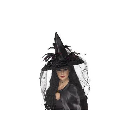 -SOMBRERO BRUJA PLUMAS Y RED MORADO
