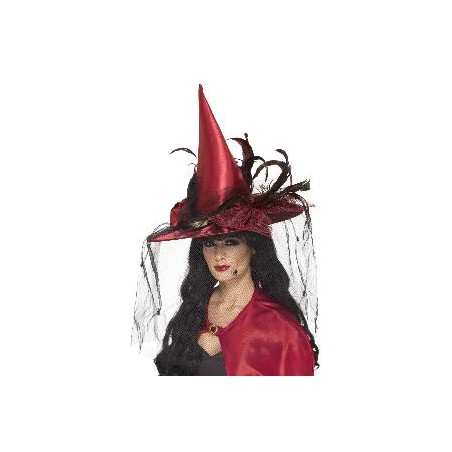 -SOMBRERO BRUJA PLUMAS Y RED ROJO