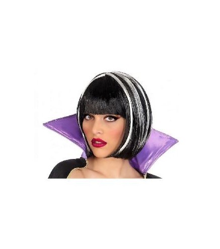 -PELUCA LISA NEGRA CORTA CON FLEQUILLO Y MECHAS BLANCAS