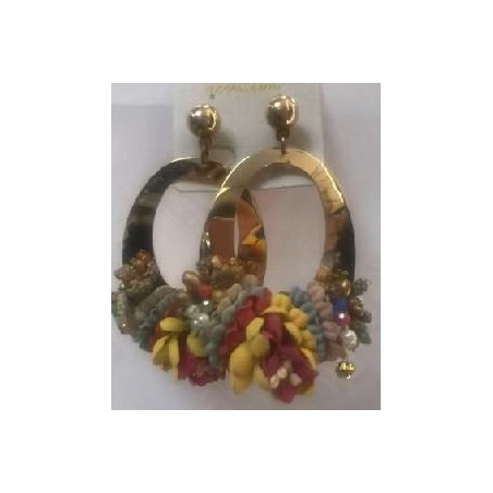 PENDIENTES ELIPTICO DORADO CON FLORES DE COLORES