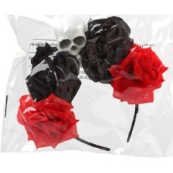 -DIADEMA CALAVERA CON FLORES NEGRA Y ROJA CATRINA