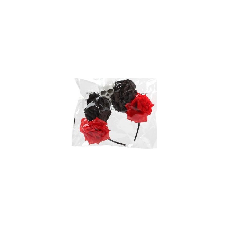 -DIADEMA CALAVERA CON FLORES NEGRA Y ROJA CATRINA