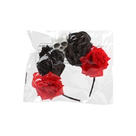 -DIADEMA CALAVERA CON FLORES NEGRA Y ROJA CATRINA