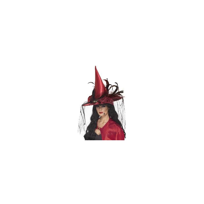 -SOMBRERO BRUJA PLUMAS Y RED ROJO