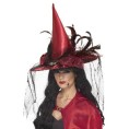 -SOMBRERO BRUJA PLUMAS Y RED ROJO