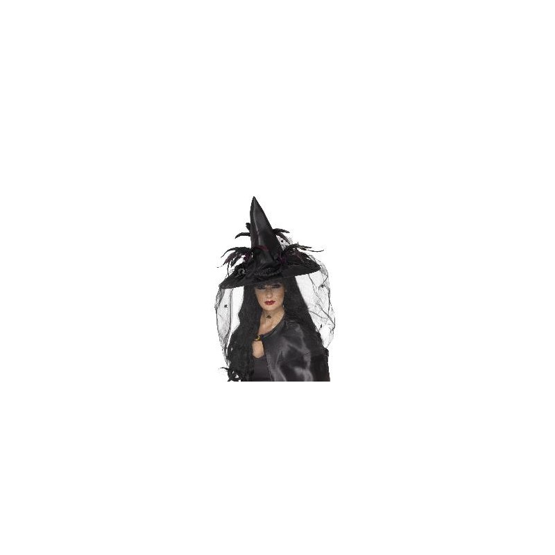 -SOMBRERO BRUJA PLUMAS Y RED MORADO