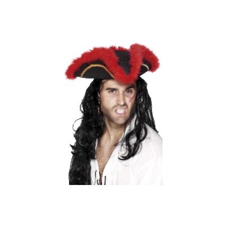 SOMBRERO PIRATA PLUMA ROJA