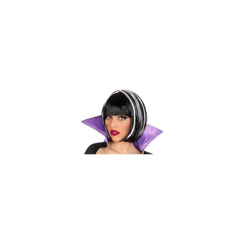 -PELUCA LISA NEGRA CORTA CON FLEQUILLO Y MECHAS BLANCAS