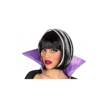 -PELUCA LISA NEGRA CORTA CON FLEQUILLO Y MECHAS BLANCAS