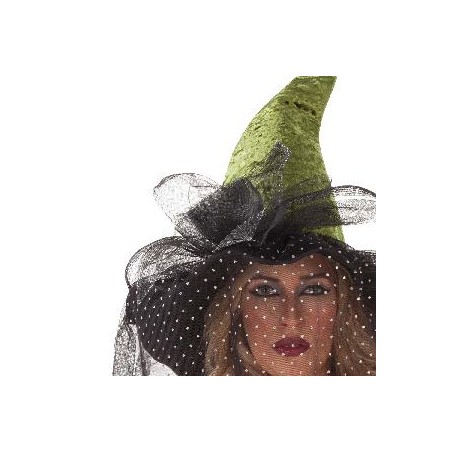-SOMBRERO BRUJA VERDE Y NEGRO CON VELO DE PERLAS