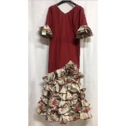 -VESTIDO FLAMENCO GRANATE ESTAMPADO SEIS VOLANTES 42