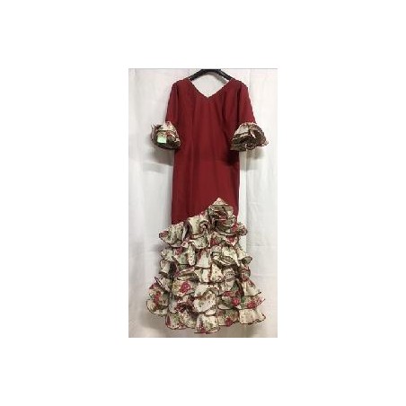 -VESTIDO FLAMENCO GRANATE ESTAMPADO SEIS VOLANTES 42
