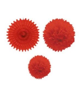 -SET 1 ABANICO Y 2 POMPONES ROJO