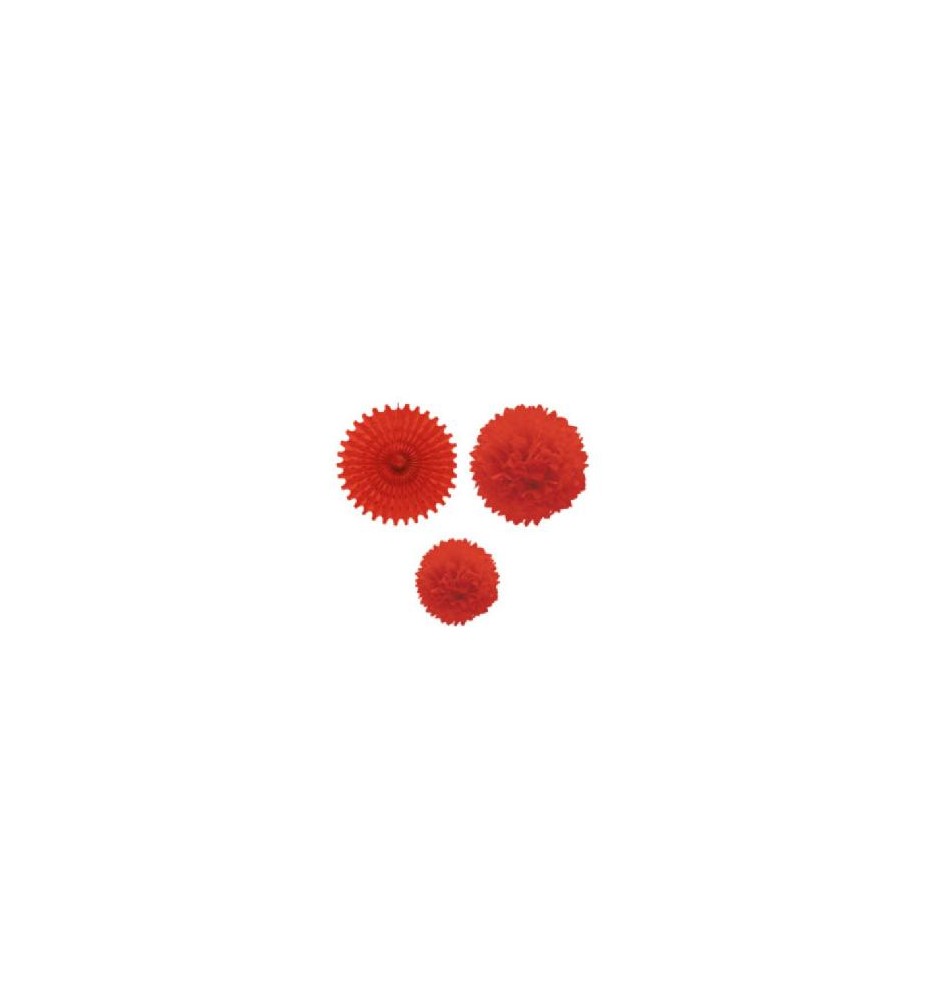 -SET 1 ABANICO Y 2 POMPONES ROJO
