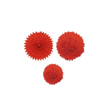 -SET 1 ABANICO Y 2 POMPONES ROJO