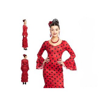 -DISFRAZ VESTIDO SEVILLANAS ROJO LUNAR NEGRO S