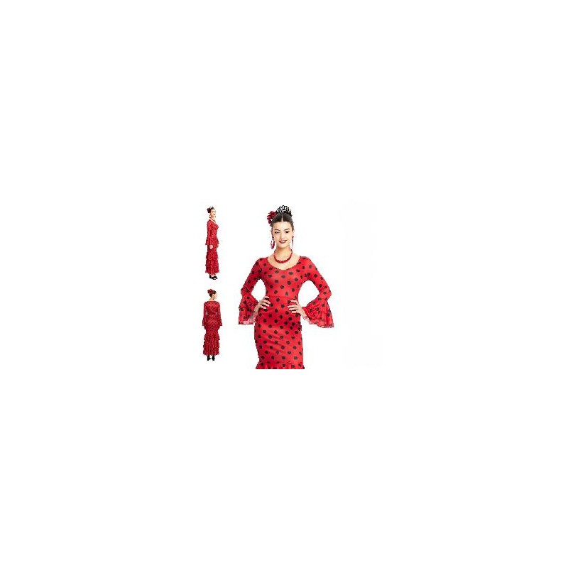 -DISFRAZ VESTIDO SEVILLANAS ROJO LUNAR NEGRO S