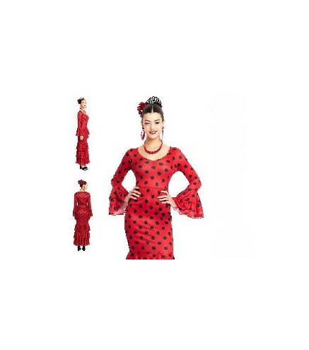 -DISFRAZ VESTIDO SEVILLANAS ROJO LUNAR NEGRO S